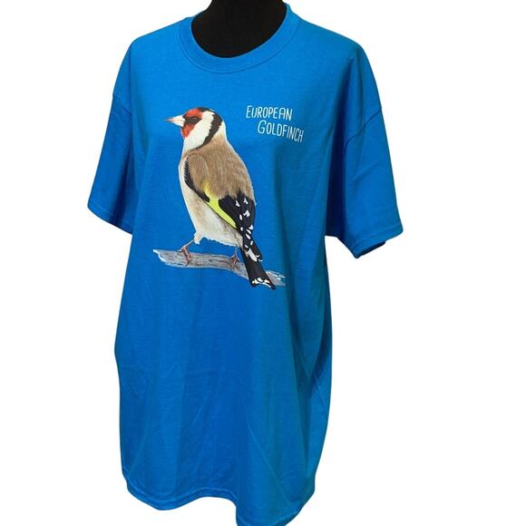 New Hand Printed Mens XL European Goldfinch Bird Ukraine Artist Fundraiser Tee - Picture 1 of 4